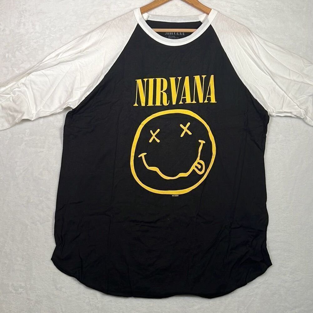 Nirvana Smiley face‎ concert release Raglan long hem cotton T-shirt NWOT Men XL